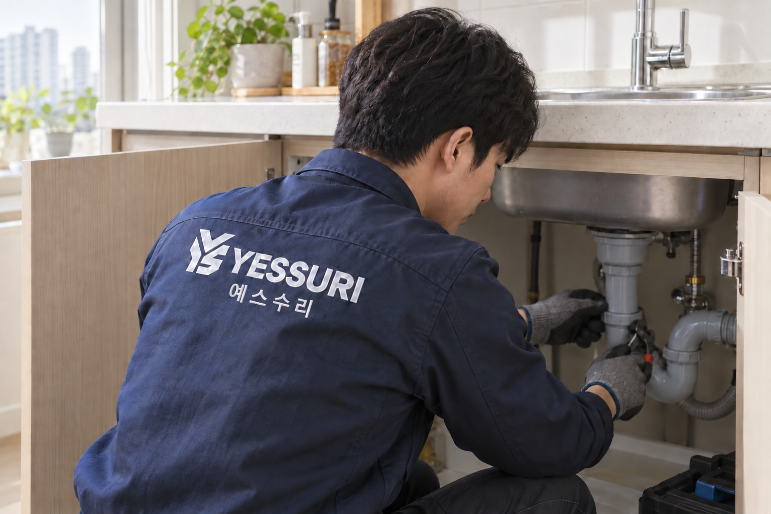 YESSURI 상호가 새겨진 네이비 작업복을 입고 싱크대 배관을 점검하는 기술자의 브랜드 연출 이미지